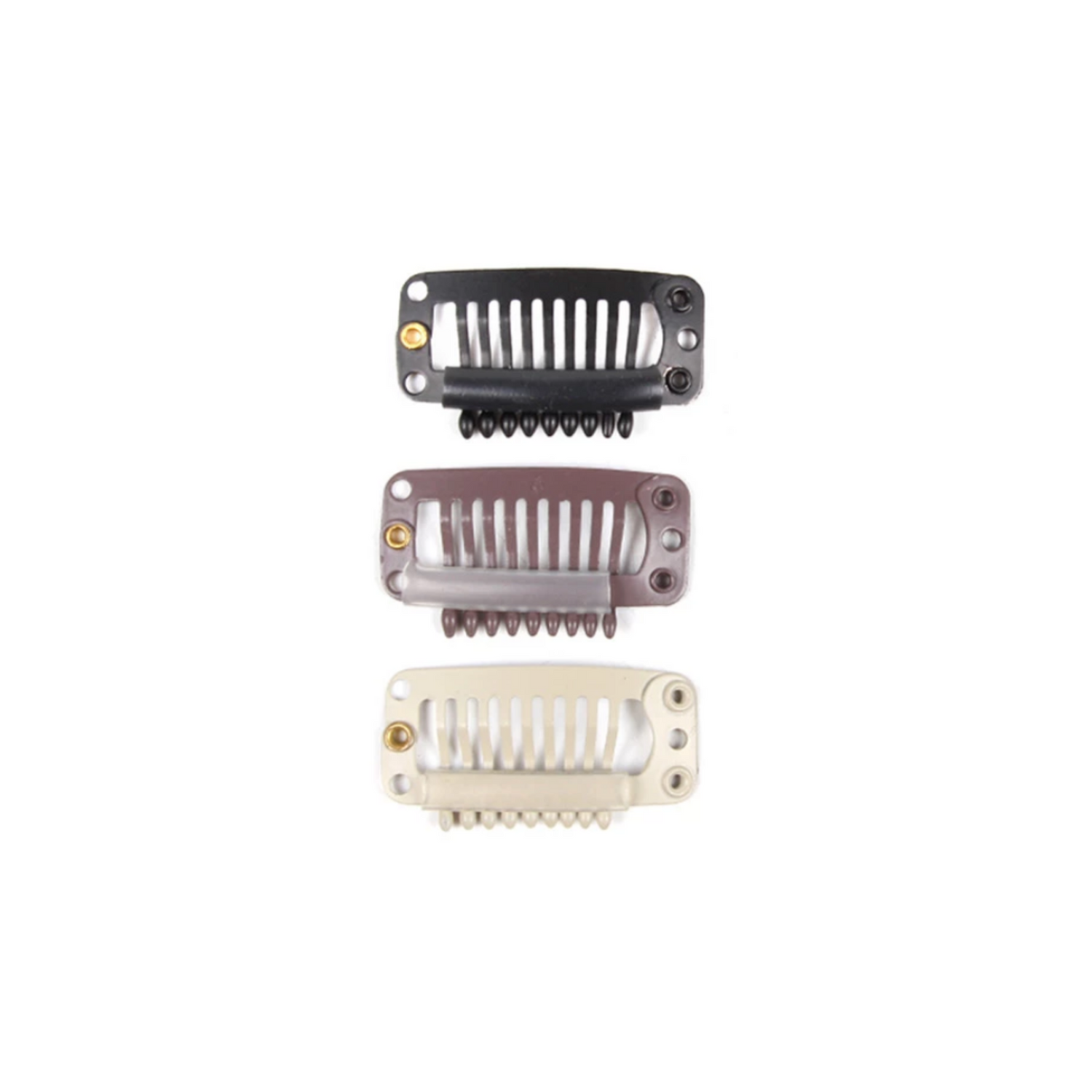 Silicone lined hair extension clips in black, brown and blonde on a white background