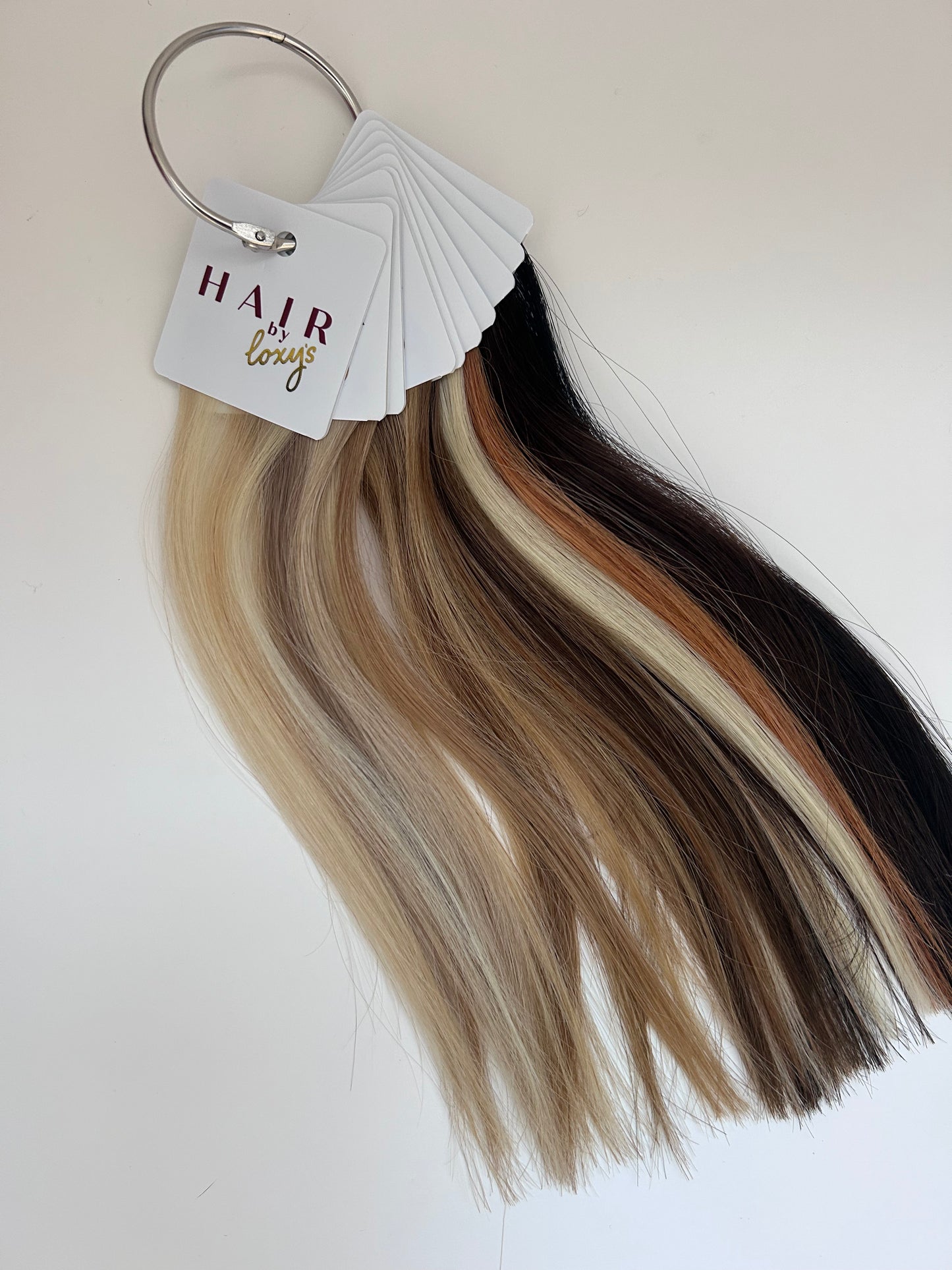 A color swatch ring with various human hair extensions displayed in a gradient of shades, attached to a keychain with a branded label.